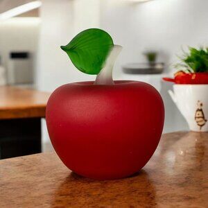Red Frosted Glass Apple Sculpture Green Leaf Accent Paperweight Teacher Gift